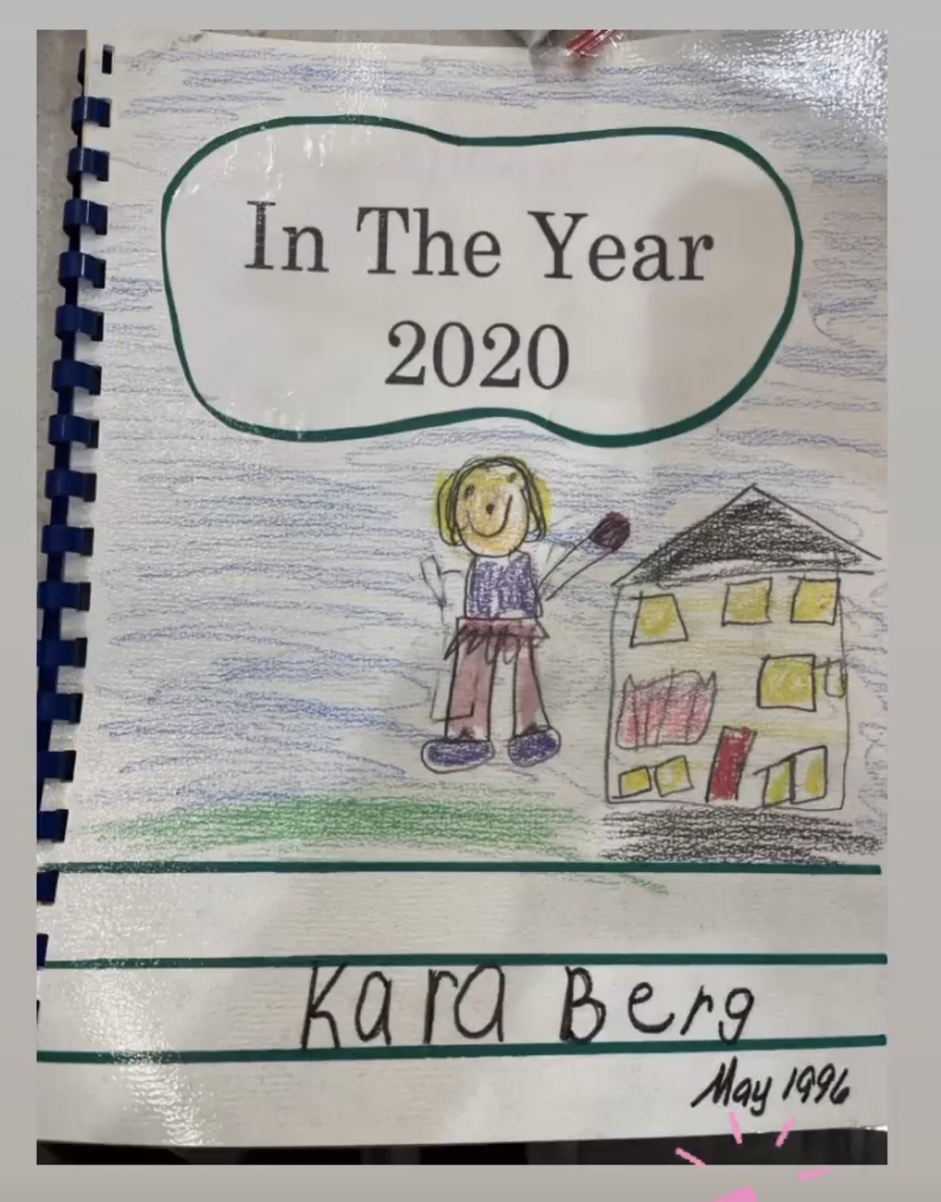 Kara's 1996 school project cover, 'In The Year 2020', hand-drawn at age seven