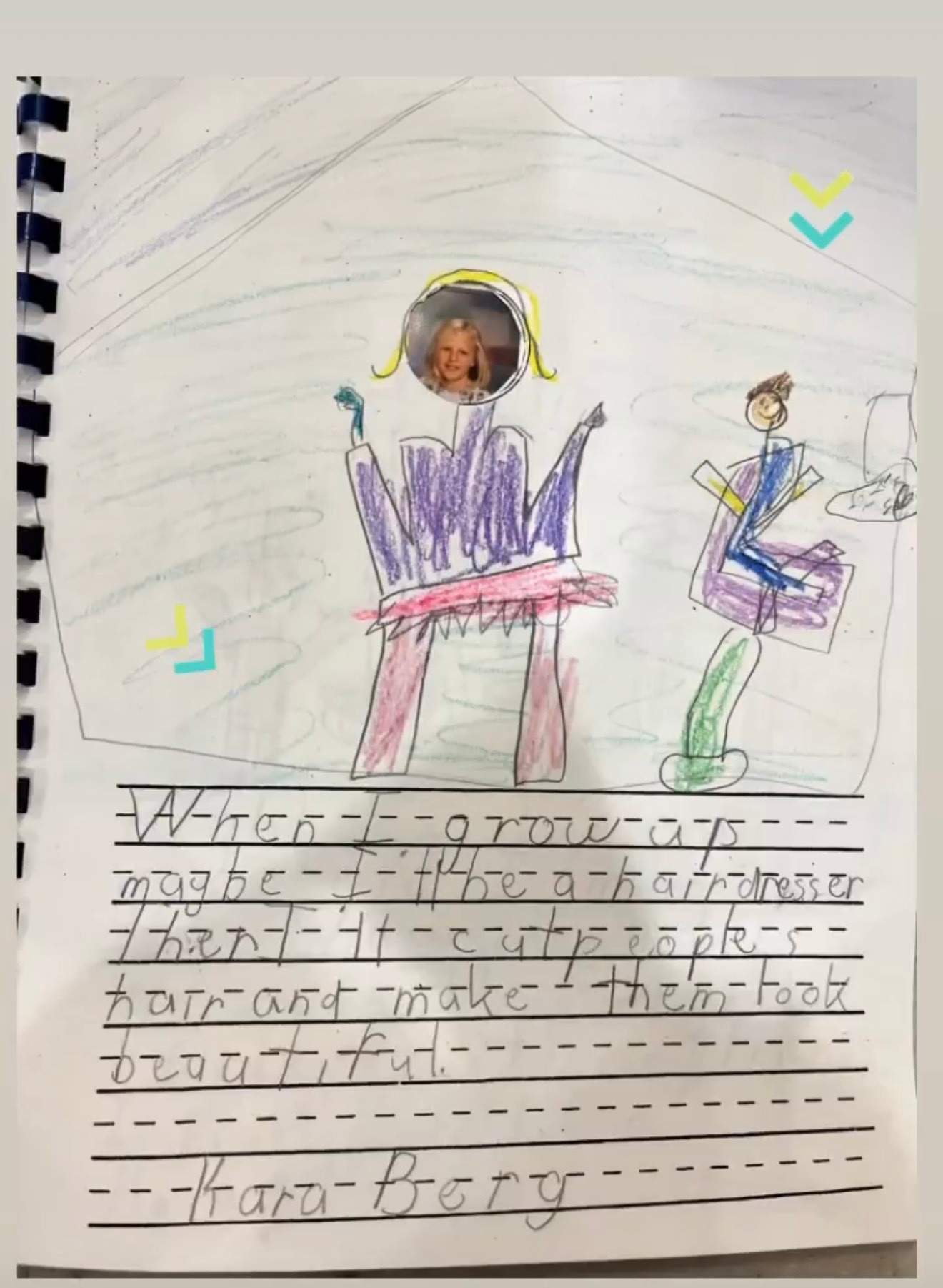 Kara's 1996 school project page: 'When I grow up maybe I'll be a hairdresser then I'll cut people's hair and make them look beautiful.'